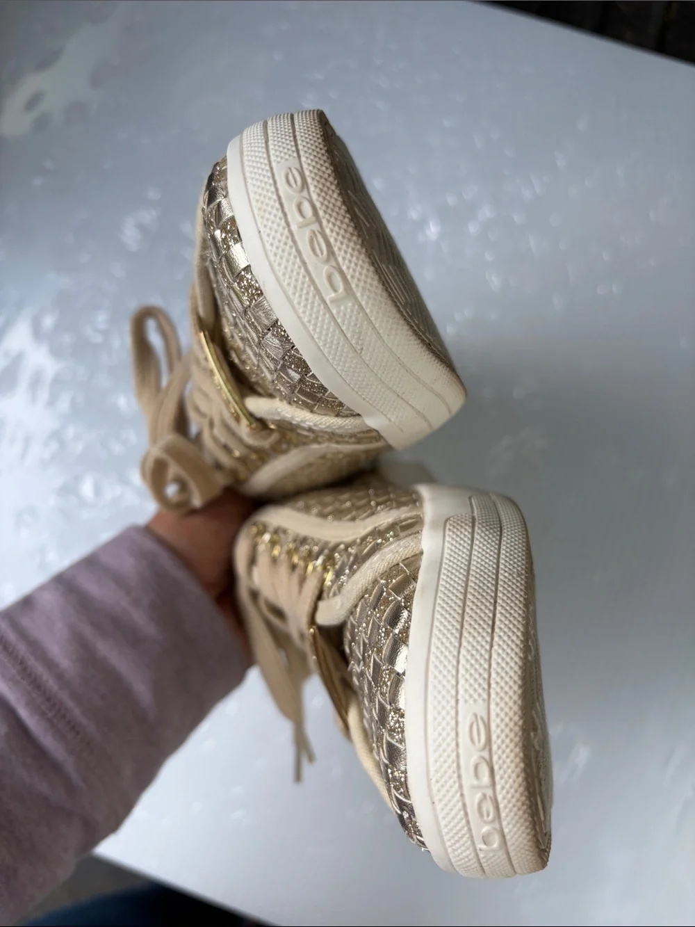 bebe Metallic Beige Woven Lace-Up Sneakers with Gold Accents